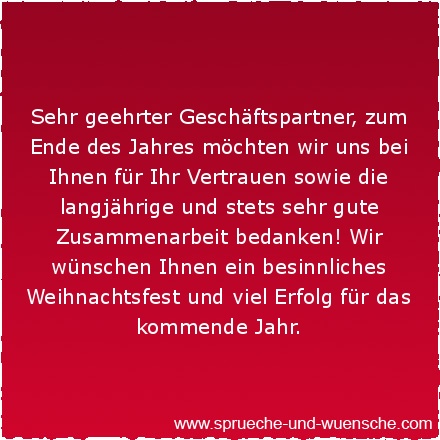 Sehr geehrter Geschäftspartner, zum Ende des Jahres möchten wir uns bei Ihnen für Ihr Vertrauen sowie die langjährige und stets sehr gute Zusammenarbeit bedanken! Wir wünschen Ihnen ein besinnliches Weihnachtsfest und viel Erfolg für das kommende Jahr.