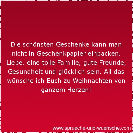 Die schönsten Geschenke kann man nicht in Geschenkpapier einpacken. Liebe, eine tolle Familie, gute Freunde, Gesundheit und glücklich sein. All das wünsche ich Euch zu Weihnachten von ganzem Herzen!